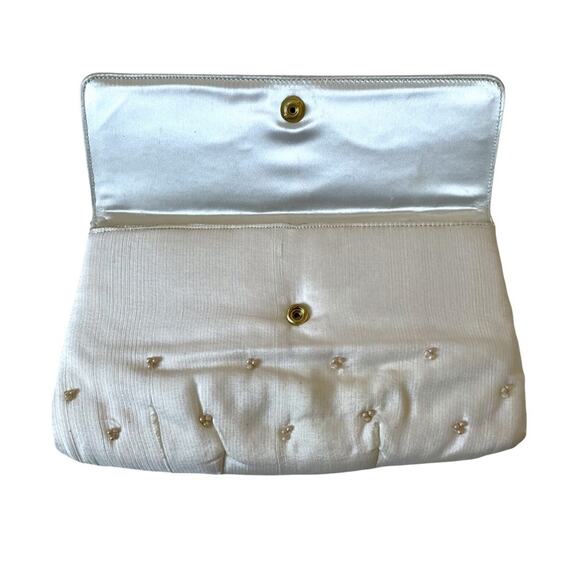 Vintage 1950s Soure Beaded Envelope Clutch Bag Silk 3D Roses Cream Pink GUC - Picture 9 of 11
